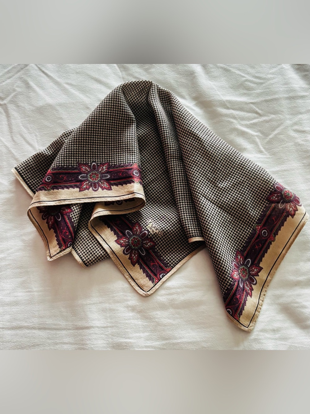 Emanuel Ungaro Black & Beige Houndstooth Cotton Handkerchief -Red Floral Border